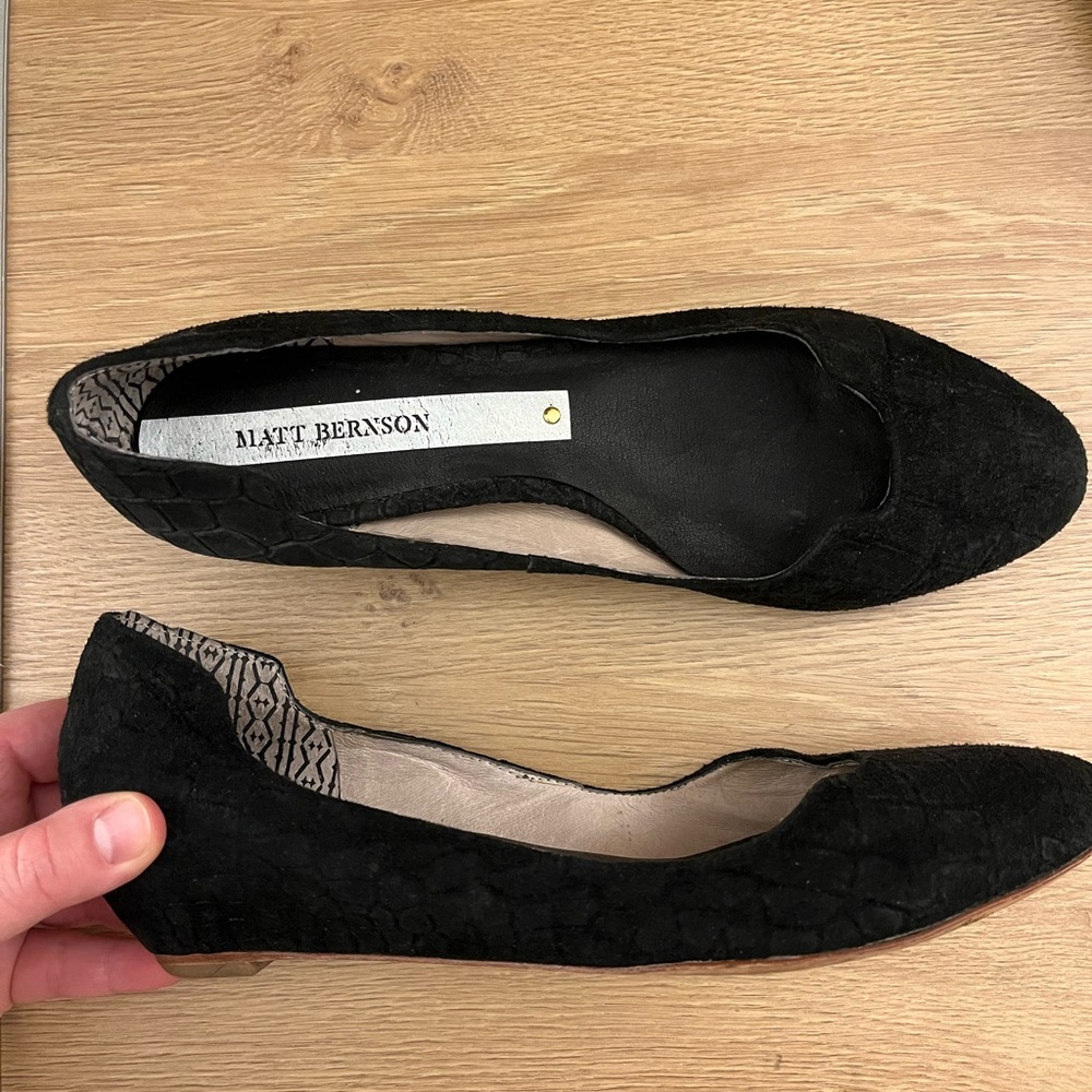 Matt Bernson black embossed suede flats with slight wedge size 9, fits like 8.5